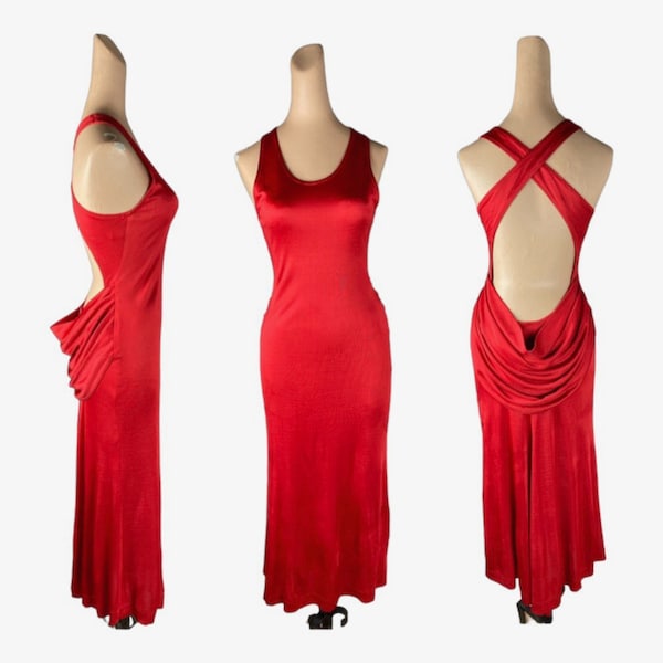 1980s Claude Montana Red Jersey Gown with Draped Bustle