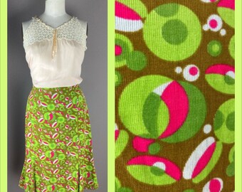 1960s Colorful Homemade Cotton Corduroy Print Skirt - Medium