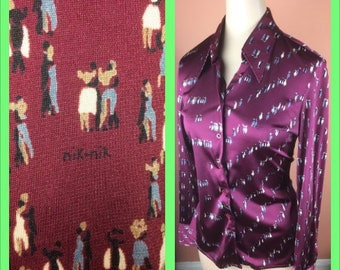 1970s Nik Nik Ballroom Dancer Print Blouse - Medium