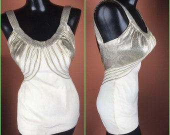 1950s/1960s Deweese Gold Lamé and Cream Bathing Suit