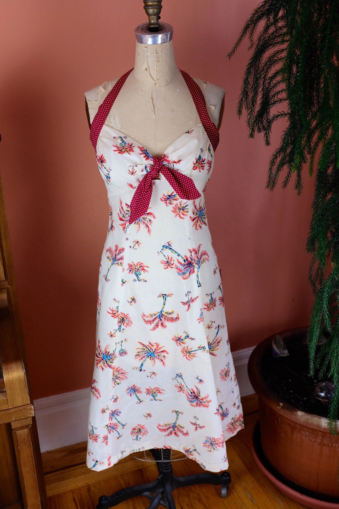 1970s Cotton Palm Tree Hawaiian Print Halter Dress - Size 4-6 - Etsy