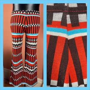 1970s Aileen Geometric Print Knit Bell Bottoms - Large