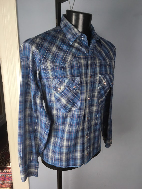 1980s Blue Plaid Levis Western Shirt with lamé - … - image 3
