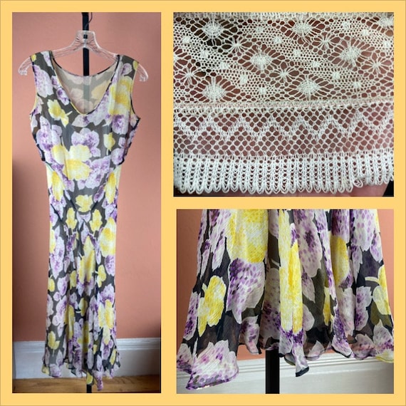 1920s Bias Cut Silk Chiffon Floral Print Dress - … - image 1