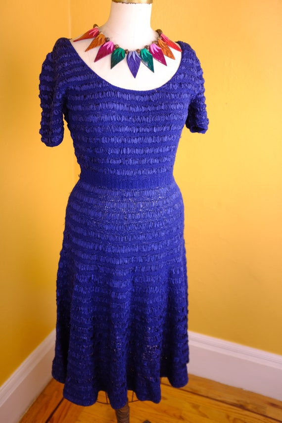 Royal Blue 1940s/50s Silk Ribbon and Wool Knit Dr… - image 3