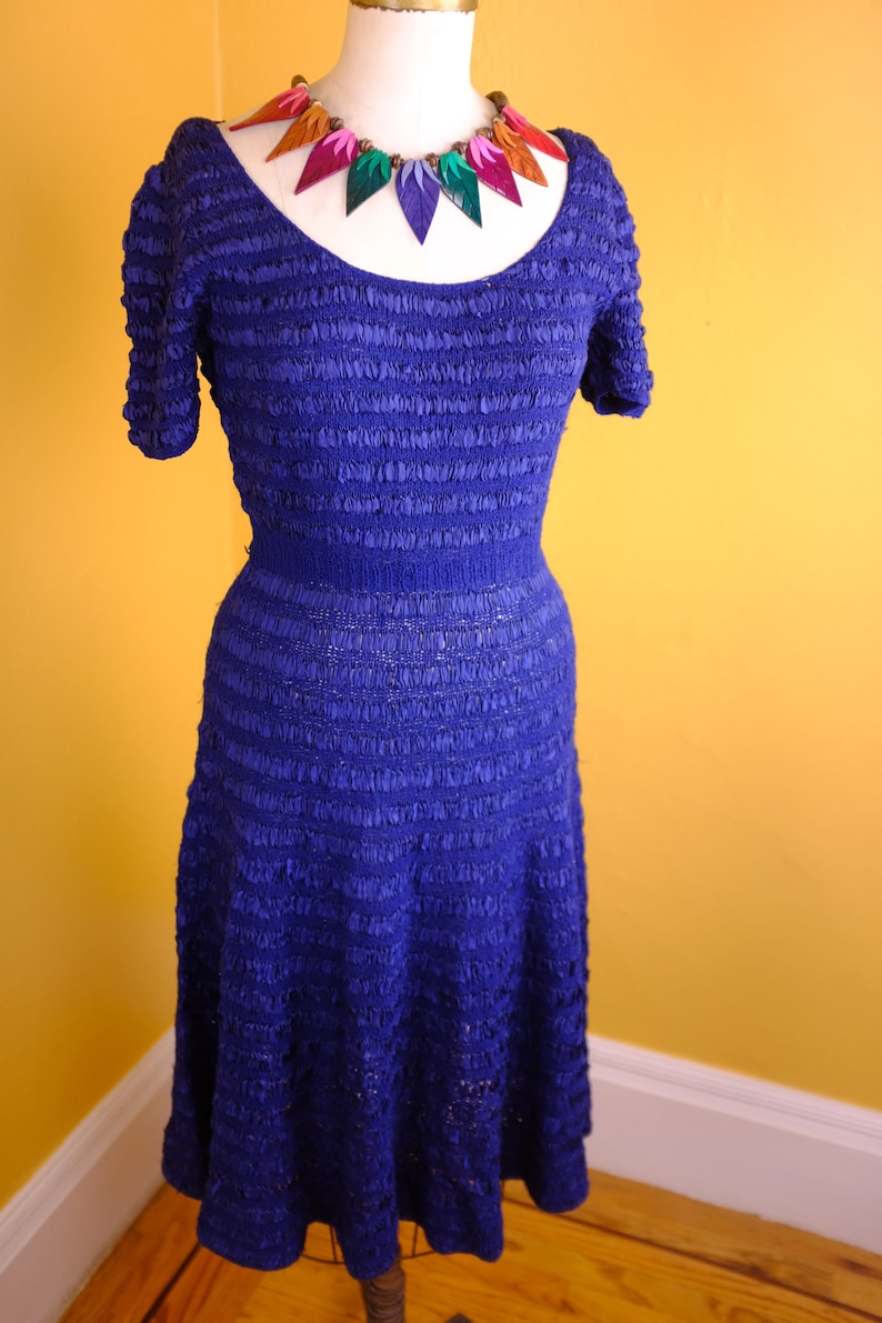 Royal Blue 1940s/50s Silk Ribbon and Wool Knit Dress image 3