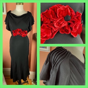 1930s Old Hollywood Bias Draped Gown with Gorgeous Floral Ornamentation - Small - As is