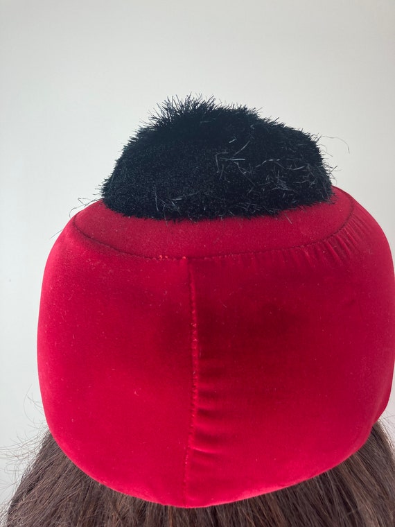 1960s Mod Red Velvet Hat with Black Pompom - image 6