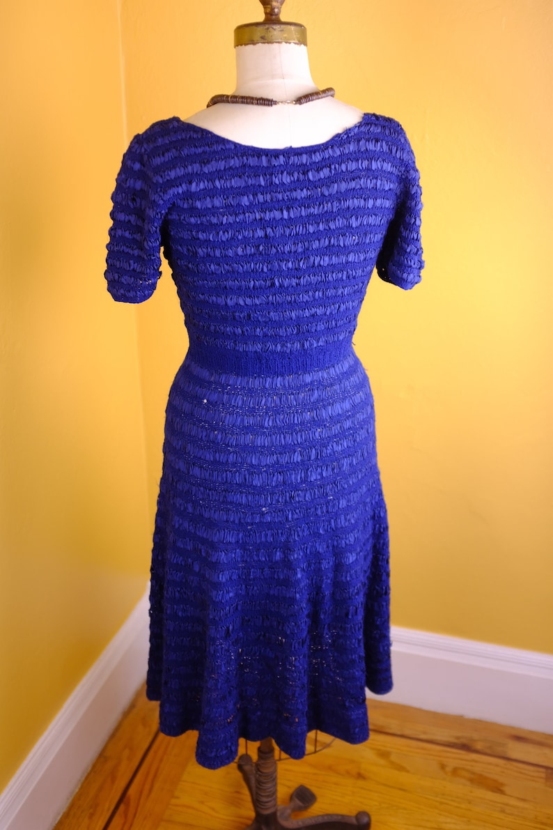 Royal Blue 1940s/50s Silk Ribbon and Wool Knit Dress image 6