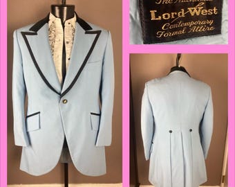 1970s Lord West Powder Blue Polyester Tuxedo Tailcoat Jacket with Velvet Trim - 40R