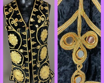 1960s/1970s Embroidered Handcrafted Velvet Mirrored Ethnic Vest - Pashtun - Long Waistcoat - Size 38