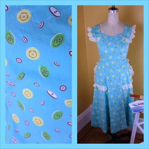 1930s / 1940s Aqua Cotton Button Print Dress