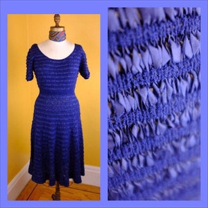 Royal Blue 1940s/50s Silk Ribbon and Wool Knit Dress