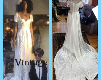 1940s Rayon Satin Vintage Wedding Gown With Cathedral Train - Small - **As Is**