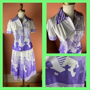 1970s Hat Lady Print Skirt Suit - Size 6
