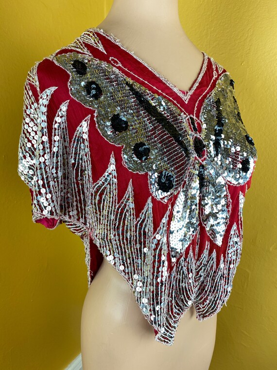 1980s Sequined Silk Butterfly Top