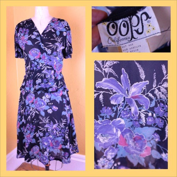 1980s Oops California Blue Floral Sheer Swing Dres