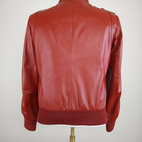 1980s Womens rust leather jacket with band buy collar, Medium