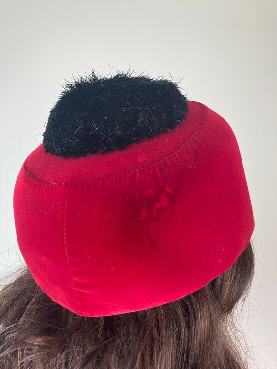 1960s Mod Red Velvet Hat with Black Pompom - image 8