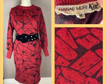 1980s Hanae Mori Knit Dress - Vintage Designer Sweater Dress - Medium
