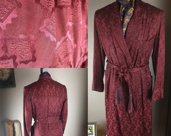 Magnificent 1940s Burgundy Smoking Robe with Original Belt