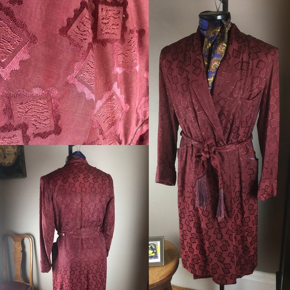 Magnificent 1940s Burgundy Smoking Robe with Orig… - image 1