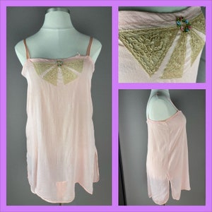 1920s Pink Silk and Beige Lace Teddy - Flapper Lingerie - Large