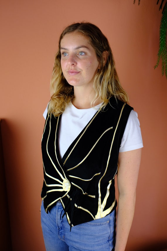 1980s/1990s Black Suede Vest with Handpainted Gol… - image 3
