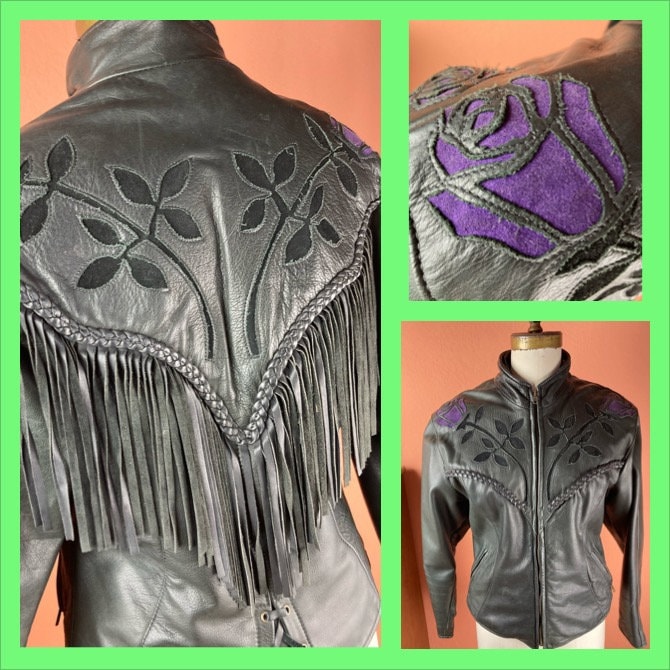 Leather Rose Jacket Vintage Fringe - Etsy Leather Rose Jacket Vintage Fringe - Etsy