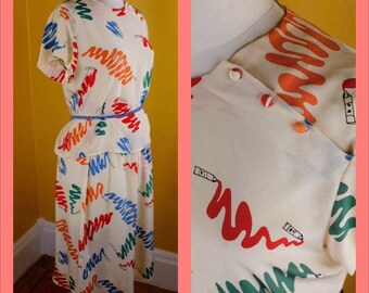 Whimsical 1980s Carole Little For Saint Tropez West ,Printed Silk Skirt Suit