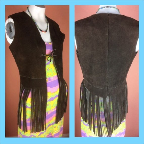 1960s Brown Suede Fringe Hippie Vest/Festival Ves… - image 1