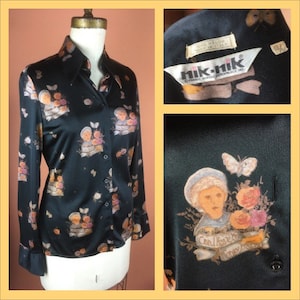 1970er Jahre Nik Nik Nylon Novelty Print Bluse - Medium