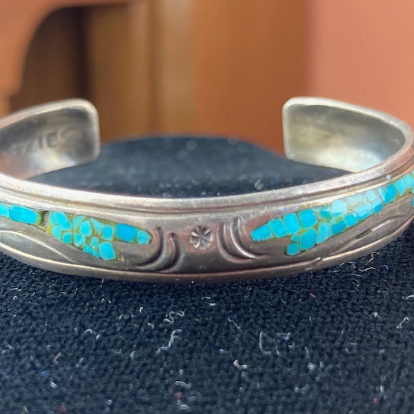 Navajo Signed J Nezzie Silver and Turquoise Inlay Cuff - Native American Bracelet - As Is