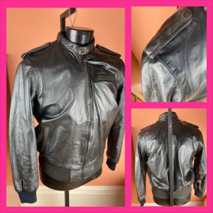 1980s Black Leather Bomber Jacket - Size 40-42