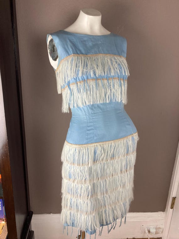 1960s Baby Blue Cotton Fringed Gogo Dress