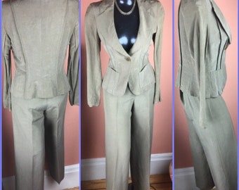 1990s Armani Collezione Olive Linen and Silk Pantsuit size 40/4