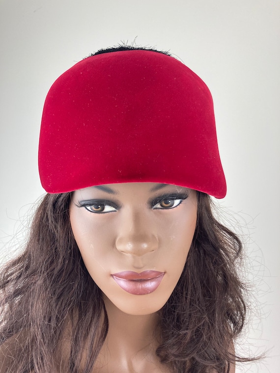 1960s Mod Red Velvet Hat with Black Pompom - image 2