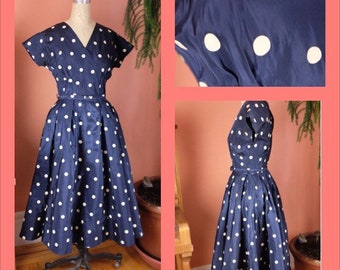 1950s Polka Dot Taffeta Dress With Full Skirt / Venus Fashions