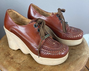 1970s Famolare Woven Leather High Wedge Platform Shoes - Size 6