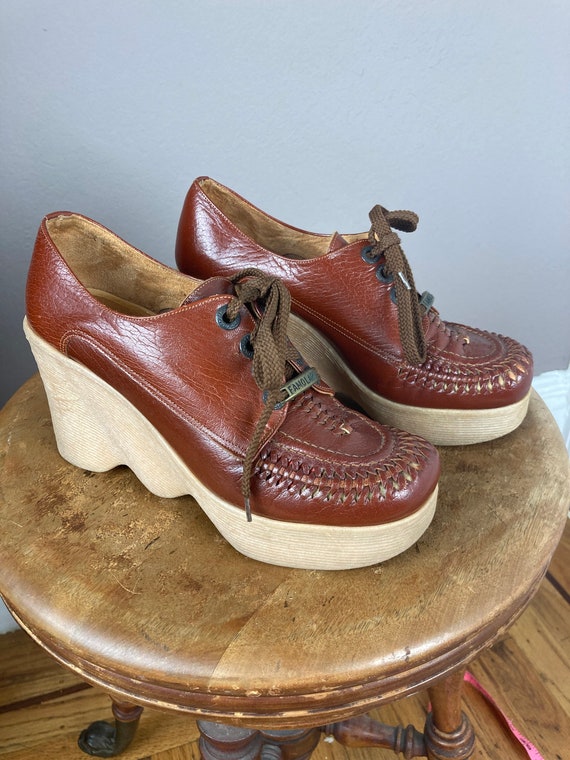 1970s Famolare Woven Leather High Wedge Platform S