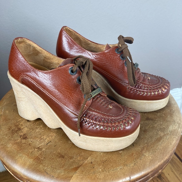 1970s Famolare Woven Leather High Wedge Platform Shoes - Size 6