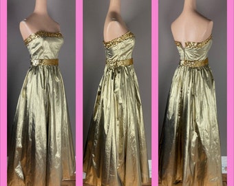 1980s Gunne Sax Strapless Gold Lamé Gown with Sequined Trim - Small