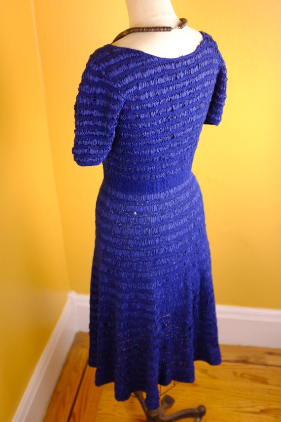 Royal Blue 1940s/50s Silk Ribbon and Wool Knit Dr… - image 7