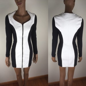 1980s Wilson’s Black and White Bodycon Leather and Jersey Mini Dress - Size 2