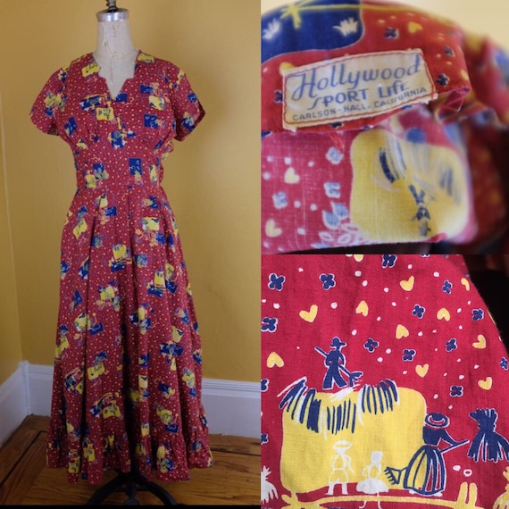 1930s/1940s Floor Length Folk Print Cotton Dress - image 1