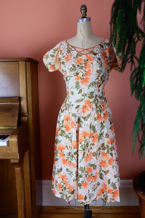 1940s Cotton Print Dress with Rhinestone Embellis… - image 3