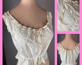 Antique Cream Cotton Camisole - Edwardian  Camisole with Ribbon and Lace