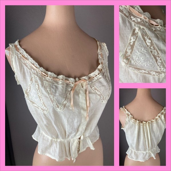 Antique Cream Cotton Camisole - Edwardian  Camisole with Ribbon and Lace