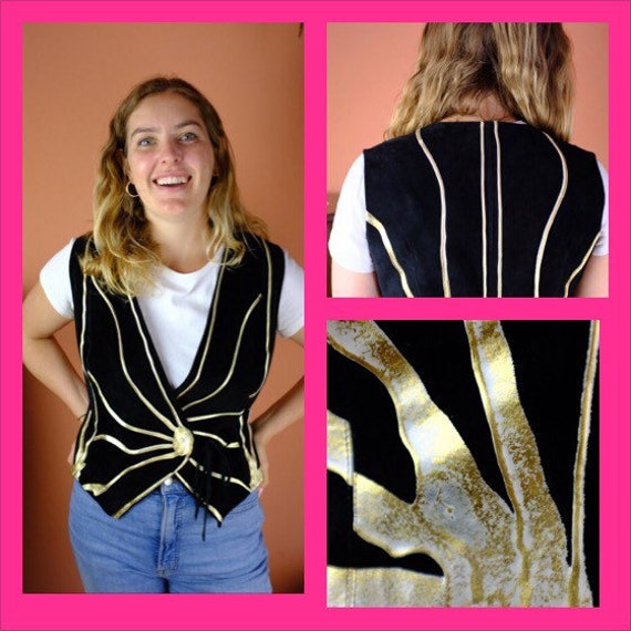 1980s/1990s Black Suede Vest with Handpainted Gol… - image 1