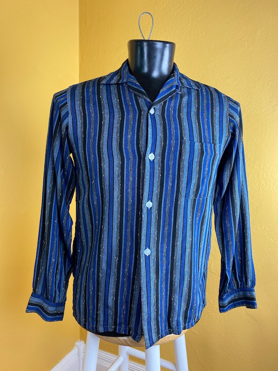 Beautiful 1950s Blue Striped Rayon Loop Collar Shi